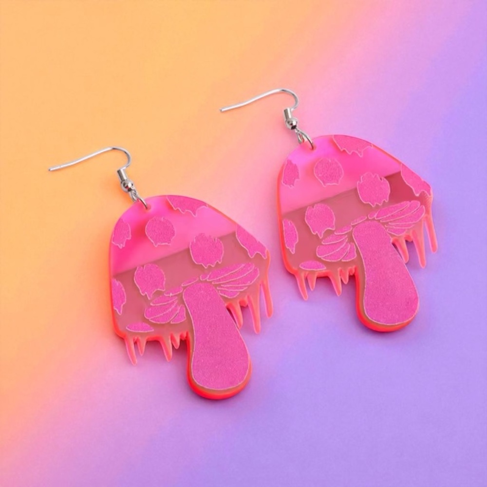 Neon Pink Drip Mushroom Acrylic Black Light Kitschy Earrings
